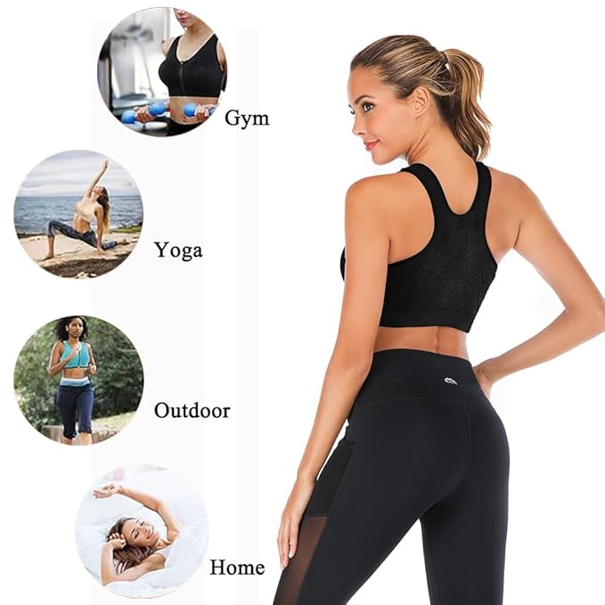 GVV Women's Zip Front Closure Sports Bra Zipper Padded Racerback Workout Gym Yoga Bras