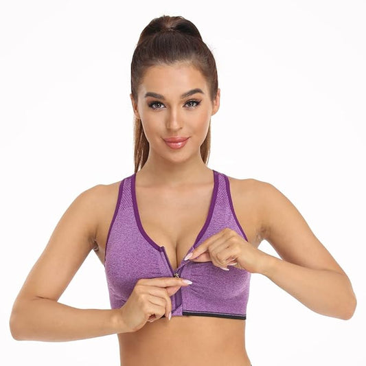 GVV Purple Women's Zip Front Closure Sports Bra Zipper Padded Racerback Workout Gym Yoga Bras