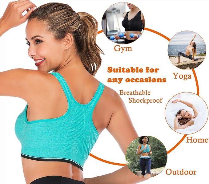 GVV Aqua Green Women's Zip Front Closure Sports Bra Zipper Padded Racerback Workout Gym Yoga Bras