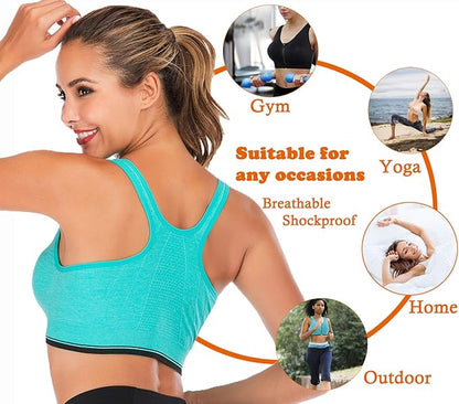 GVV Aqua Green Women's Zip Front Closure Sports Bra Zipper Padded Racerback Workout Gym Yoga Bras