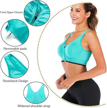 GVV Aqua Green Women's Zip Front Closure Sports Bra Zipper Padded Racerback Workout Gym Yoga Bras