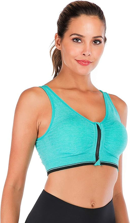 GVV Aqua Green Women's Zip Front Closure Sports Bra Zipper Padded Racerback Workout Gym Yoga Bras