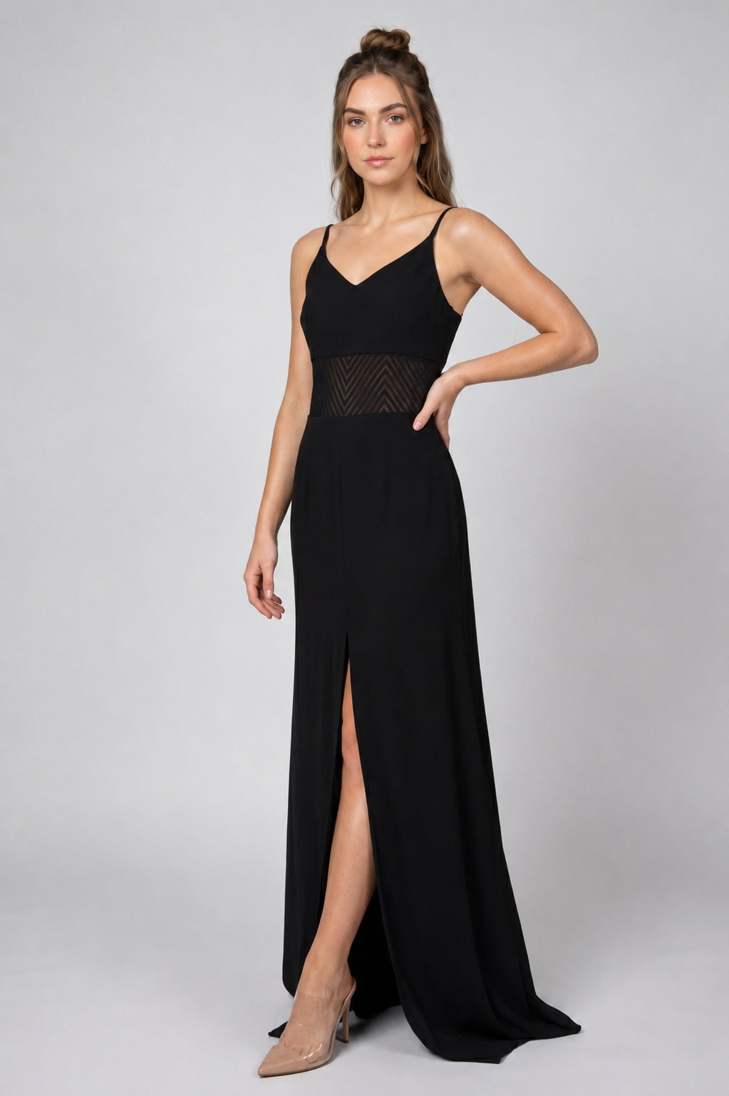 GVV Women's Black Self Design V-Neck Maxi Dress
