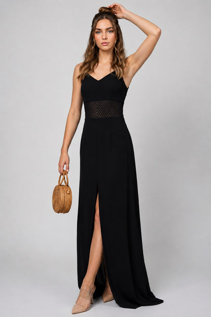 GVV Women's Black Self Design V-Neck Maxi Dress