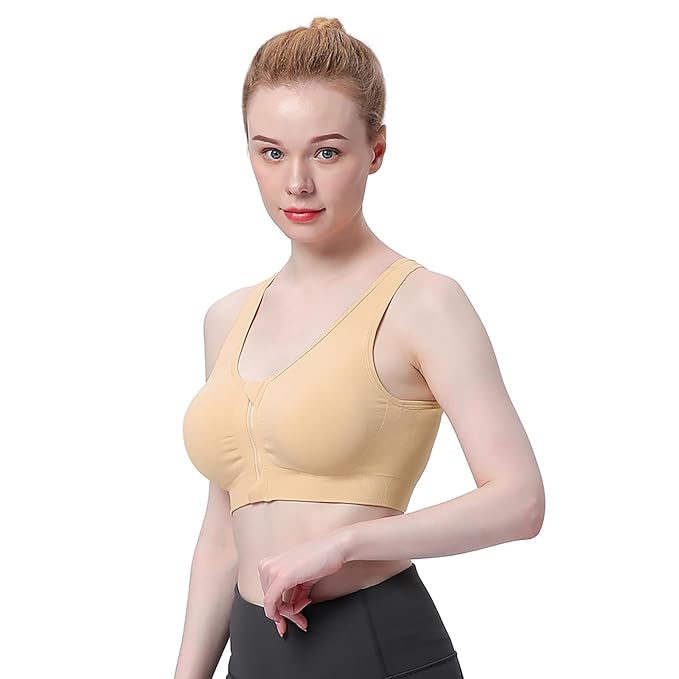 GVV Beige Women's Zip Front Closure Sports Bra Zipper Padded Racerback Workout Gym Yoga Bras