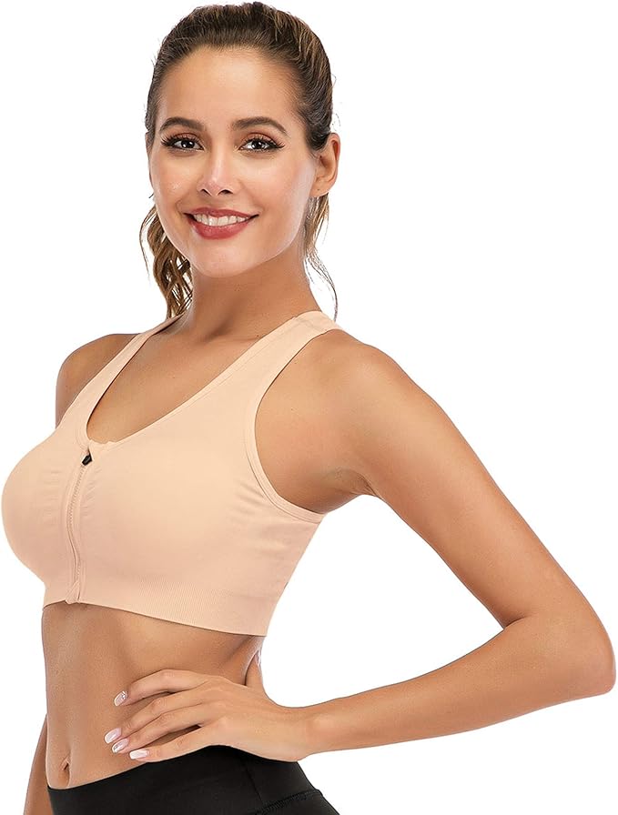 GVV Beige Women's Zip Front Closure Sports Bra Zipper Padded Racerback Workout Gym Yoga Bras