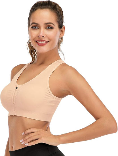 GVV Beige Women's Zip Front Closure Sports Bra Zipper Padded Racerback Workout Gym Yoga Bras