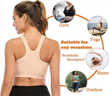 GVV Beige Women's Zip Front Closure Sports Bra Zipper Padded Racerback Workout Gym Yoga Bras