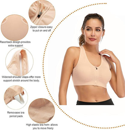 GVV Beige Women's Zip Front Closure Sports Bra Zipper Padded Racerback Workout Gym Yoga Bras