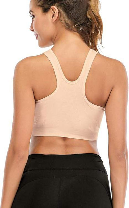 GVV Beige Women's Zip Front Closure Sports Bra Zipper Padded Racerback Workout Gym Yoga Bras