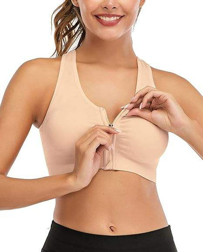 GVV Beige Women's Zip Front Closure Sports Bra Zipper Padded Racerback Workout Gym Yoga Bras