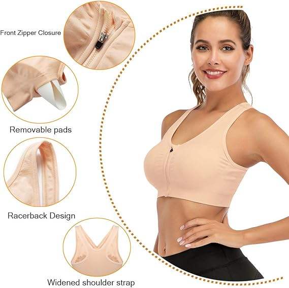 GVV Beige Women's Zip Front Closure Sports Bra Zipper Padded Racerback Workout Gym Yoga Bras
