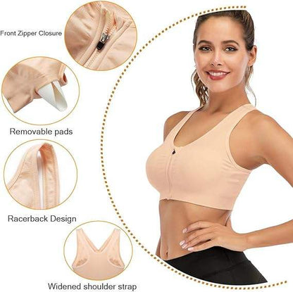 GVV Beige Women's Zip Front Closure Sports Bra Zipper Padded Racerback Workout Gym Yoga Bras