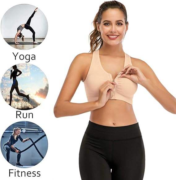 GVV Beige Women's Zip Front Closure Sports Bra Zipper Padded Racerback Workout Gym Yoga Bras