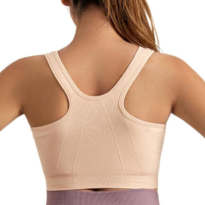 GVV Beige Women's Zip Front Closure Sports Bra Zipper Padded Racerback Workout Gym Yoga Bras
