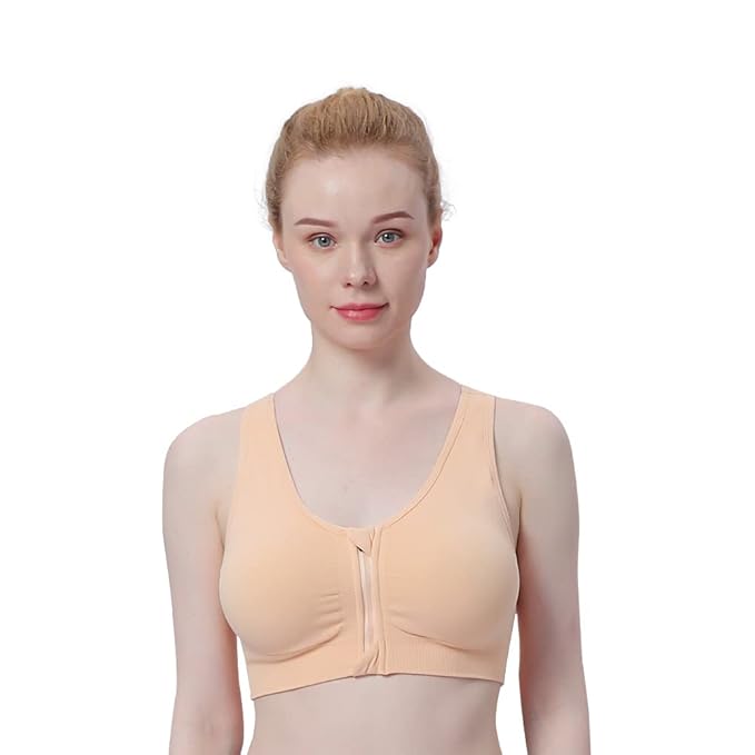 GVV Beige Women's Zip Front Closure Sports Bra Zipper Padded Racerback Workout Gym Yoga Bras