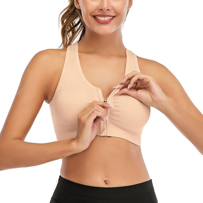 GVV Beige Women's Zip Front Closure Sports Bra Zipper Padded Racerback Workout Gym Yoga Bras