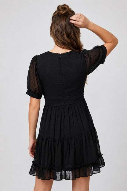 GVV Women's Black Swiss Dot V-Neck Tiered Mini Dress