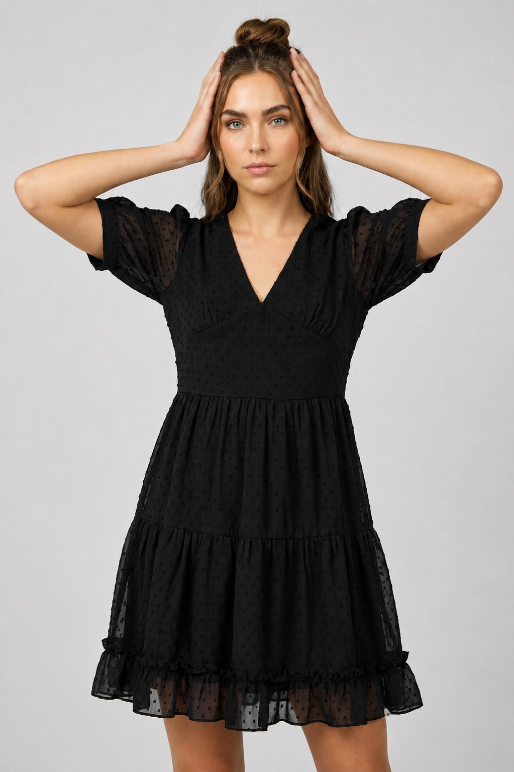 GVV Women's Black Swiss Dot V-Neck Tiered Mini Dress