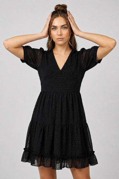 GVV Women's Black Swiss Dot V-Neck Tiered Mini Dress