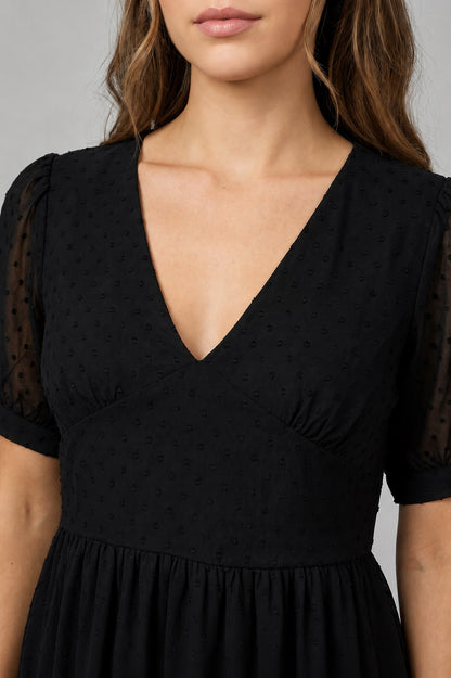 GVV Women's Black Swiss Dot V-Neck Tiered Mini Dress