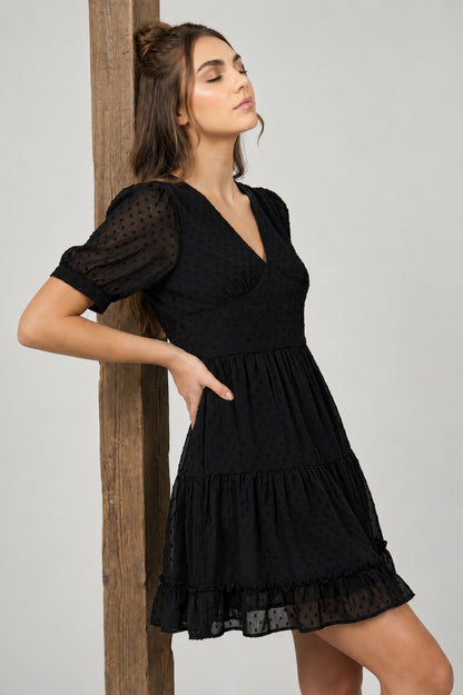 GVV Women's Black Swiss Dot V-Neck Tiered Mini Dress