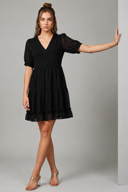 GVV Women's Black Swiss Dot V-Neck Tiered Mini Dress