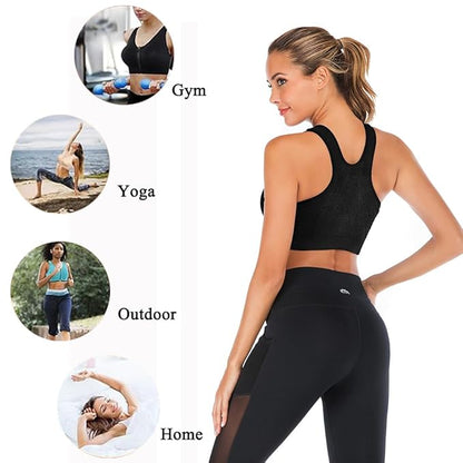 GVV Women's Zip Front Closure Sports Bra Zipper Padded Racerback Workout Gym Yoga Bras