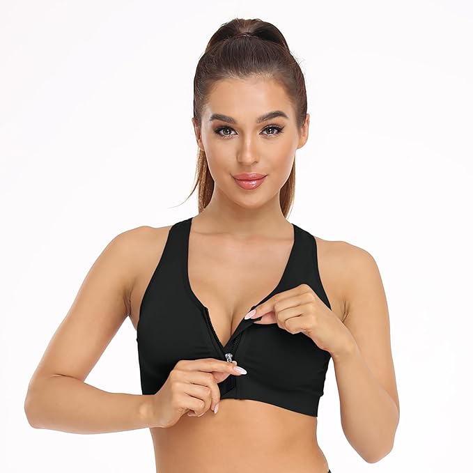 GVV Women's Zip Front Closure Sports Bra Zipper Padded Racerback Workout Gym Yoga Bras
