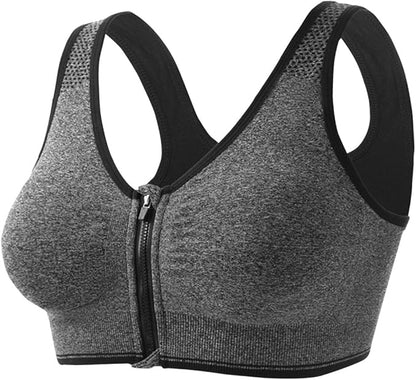 GVV Women's Grey Zip Front Closure Sports Bra Zipper Padded Racerback Workout Gym Yoga Bra