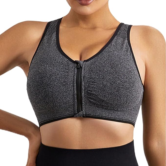 GVV Women's Grey Zip Front Closure Sports Bra Zipper Padded Racerback Workout Gym Yoga Bra