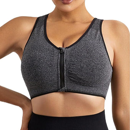 GVV Women's Grey Zip Front Closure Sports Bra Zipper Padded Racerback Workout Gym Yoga Bra