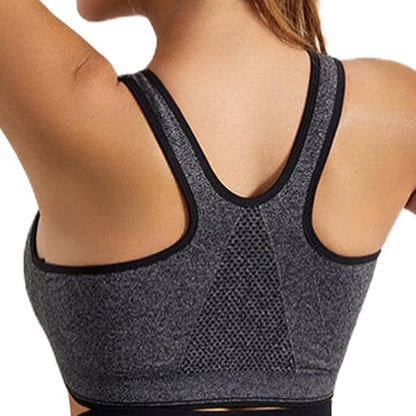 GVV Women's Grey Zip Front Closure Sports Bra Zipper Padded Racerback Workout Gym Yoga Bra
