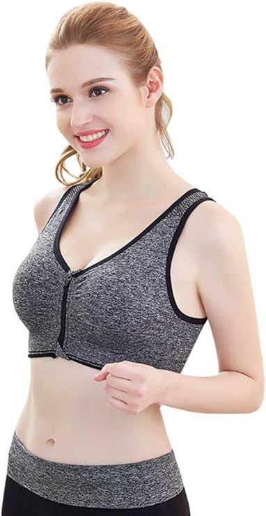 GVV Women's Grey Zip Front Closure Sports Bra Zipper Padded Racerback Workout Gym Yoga Bra