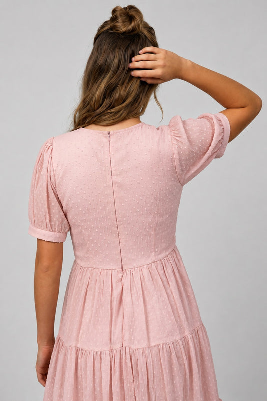 GVV Women's Light Pink Swiss Dot V-Neck Tiered Mini Dress