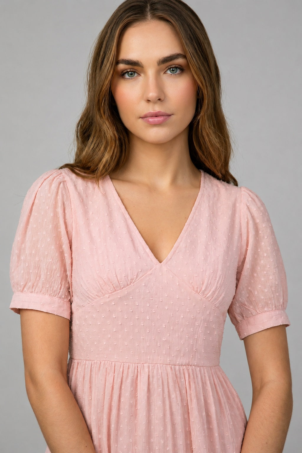 GVV Women's Light Pink Swiss Dot V-Neck Tiered Mini Dress