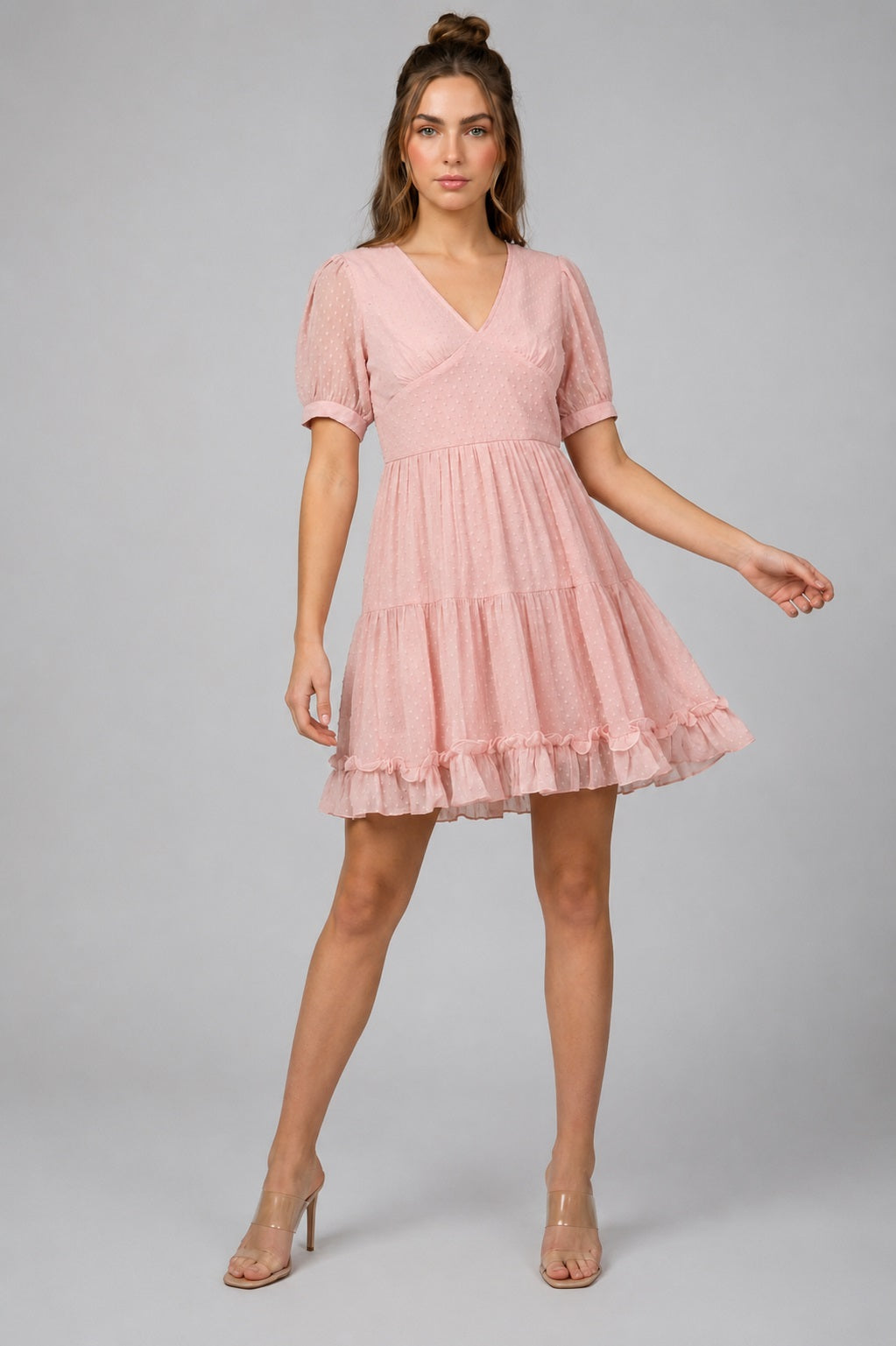 GVV Women's Light Pink Swiss Dot V-Neck Tiered Mini Dress