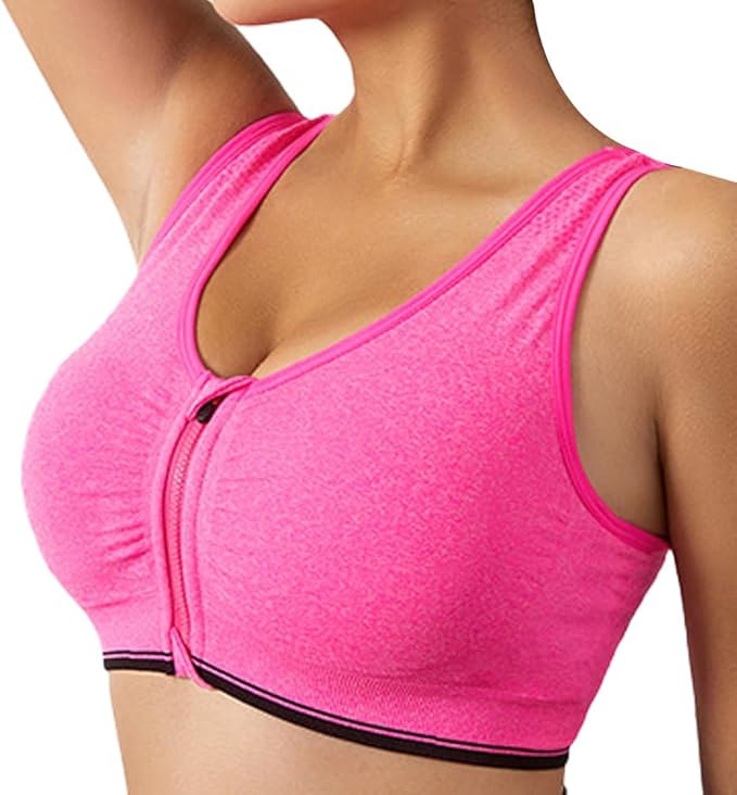 GVV Magenta Women's Zip Front Closure Sports Bra Zipper Padded Racerback Workout Gym Yoga Bras