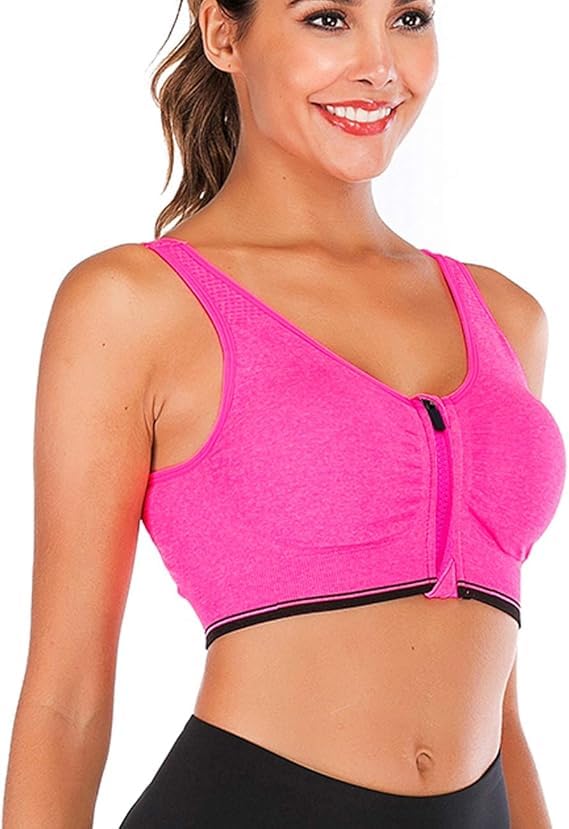 GVV Magenta Women's Zip Front Closure Sports Bra Zipper Padded Racerback Workout Gym Yoga Bras