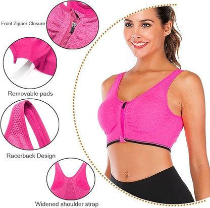 GVV Magenta Women's Zip Front Closure Sports Bra Zipper Padded Racerback Workout Gym Yoga Bras