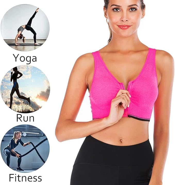 GVV Magenta Women's Zip Front Closure Sports Bra Zipper Padded Racerback Workout Gym Yoga Bras