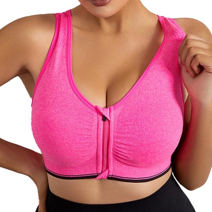 GVV Magenta Women's Zip Front Closure Sports Bra Zipper Padded Racerback Workout Gym Yoga Bras