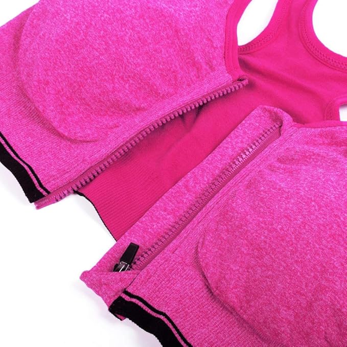 GVV Magenta Women's Zip Front Closure Sports Bra Zipper Padded Racerback Workout Gym Yoga Bras