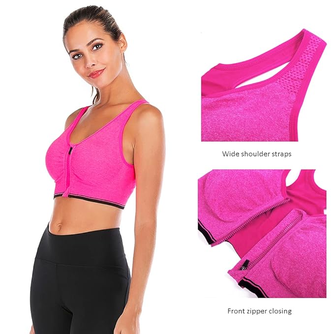 GVV Magenta Women's Zip Front Closure Sports Bra Zipper Padded Racerback Workout Gym Yoga Bras