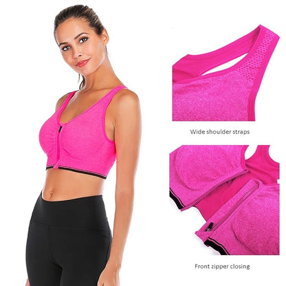 GVV Magenta Women's Zip Front Closure Sports Bra Zipper Padded Racerback Workout Gym Yoga Bras