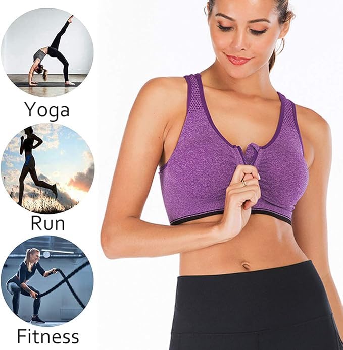 GVV Purple Women's Zip Front Closure Sports Bra Zipper Padded Racerback Workout Gym Yoga Bras