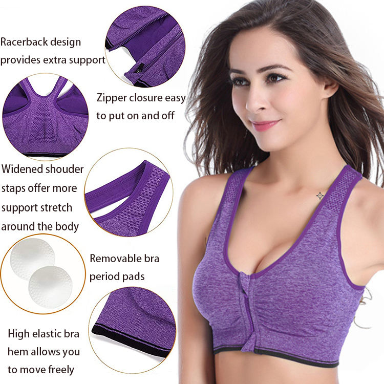GVV Purple Women's Zip Front Closure Sports Bra Zipper Padded Racerback Workout Gym Yoga Bras