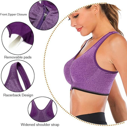 GVV Purple Women's Zip Front Closure Sports Bra Zipper Padded Racerback Workout Gym Yoga Bras