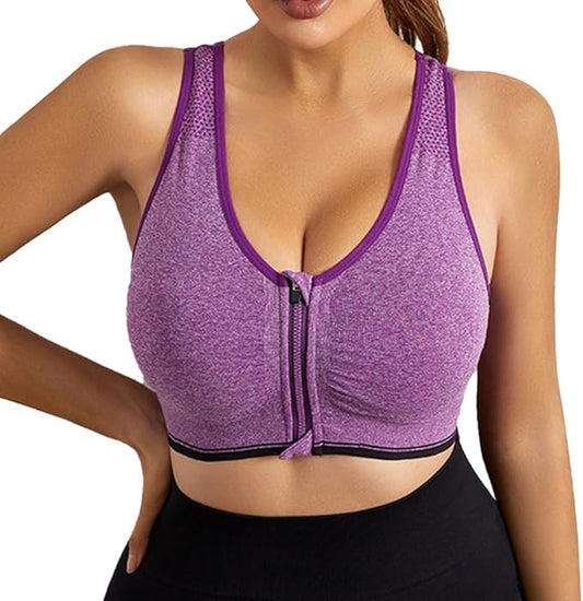 GVV Purple Women's Zip Front Closure Sports Bra Zipper Padded Racerback Workout Gym Yoga Bras