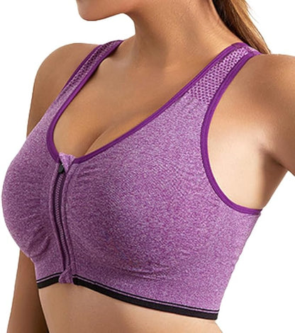 GVV Purple Women's Zip Front Closure Sports Bra Zipper Padded Racerback Workout Gym Yoga Bras